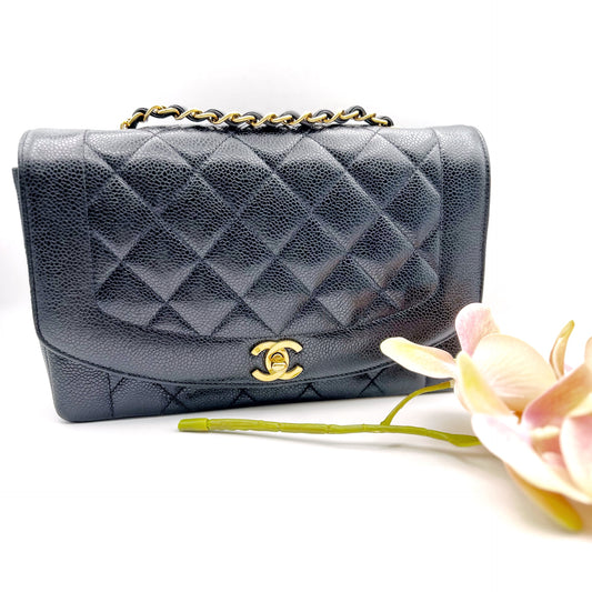Adler, Vintage Authentic Chanel 3 series medium black caviar diana with seal