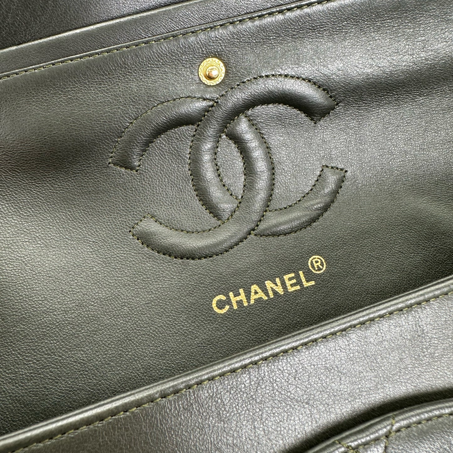 Aya, Vintage Authentic Chanel 1 series medium classic flap khaki lambskin with seal and card