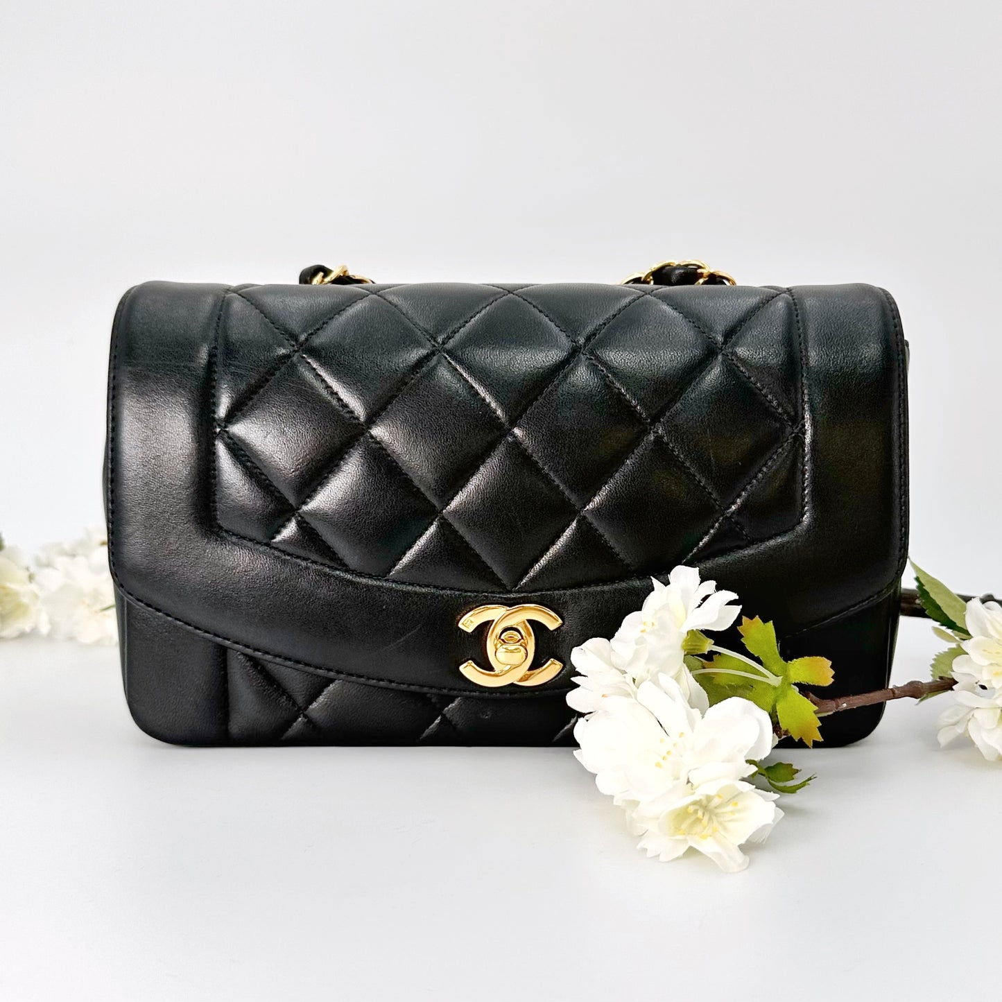 Henson, Vintage Authentic Chanel 4 series small black lambskin Diana with seal and card