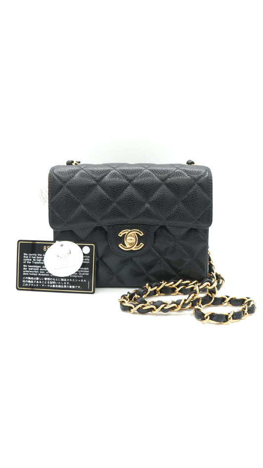 Helgi, Vintage Authentic Chanel 8 series 17cm mini square black caviar with seal and card