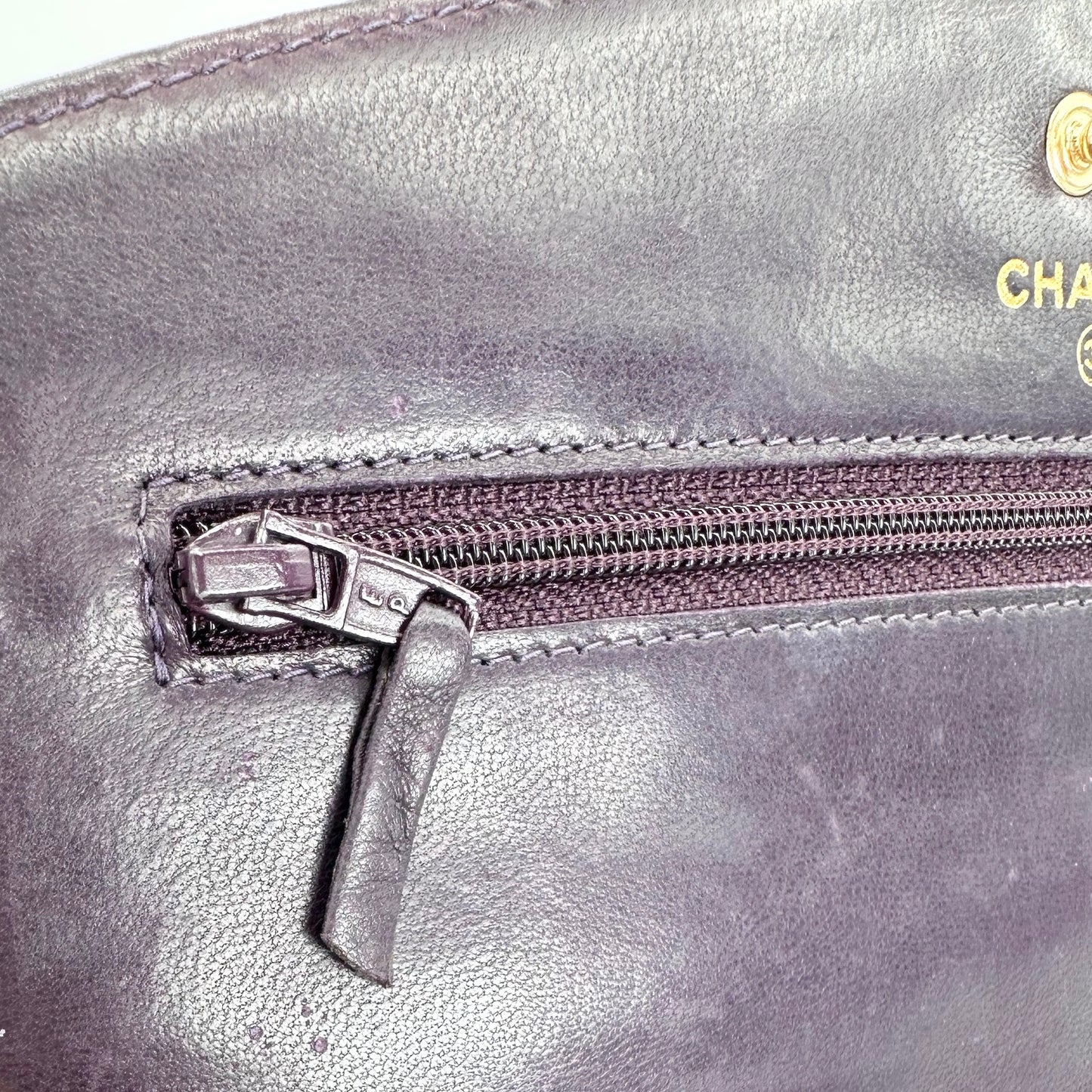 Anton, Vintage Authentic Chanel 6 series chain wallet purple caviar with seal