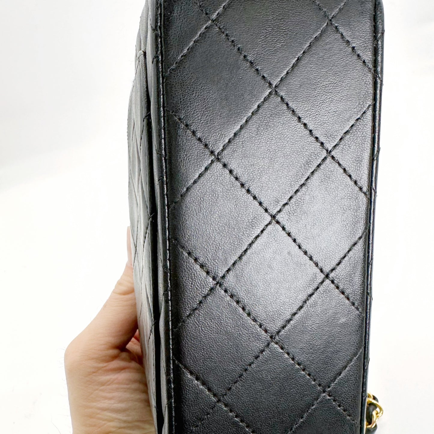 Akane, Vintage Authentic Chanel 0 series 17cm mini square black lambskin with seal