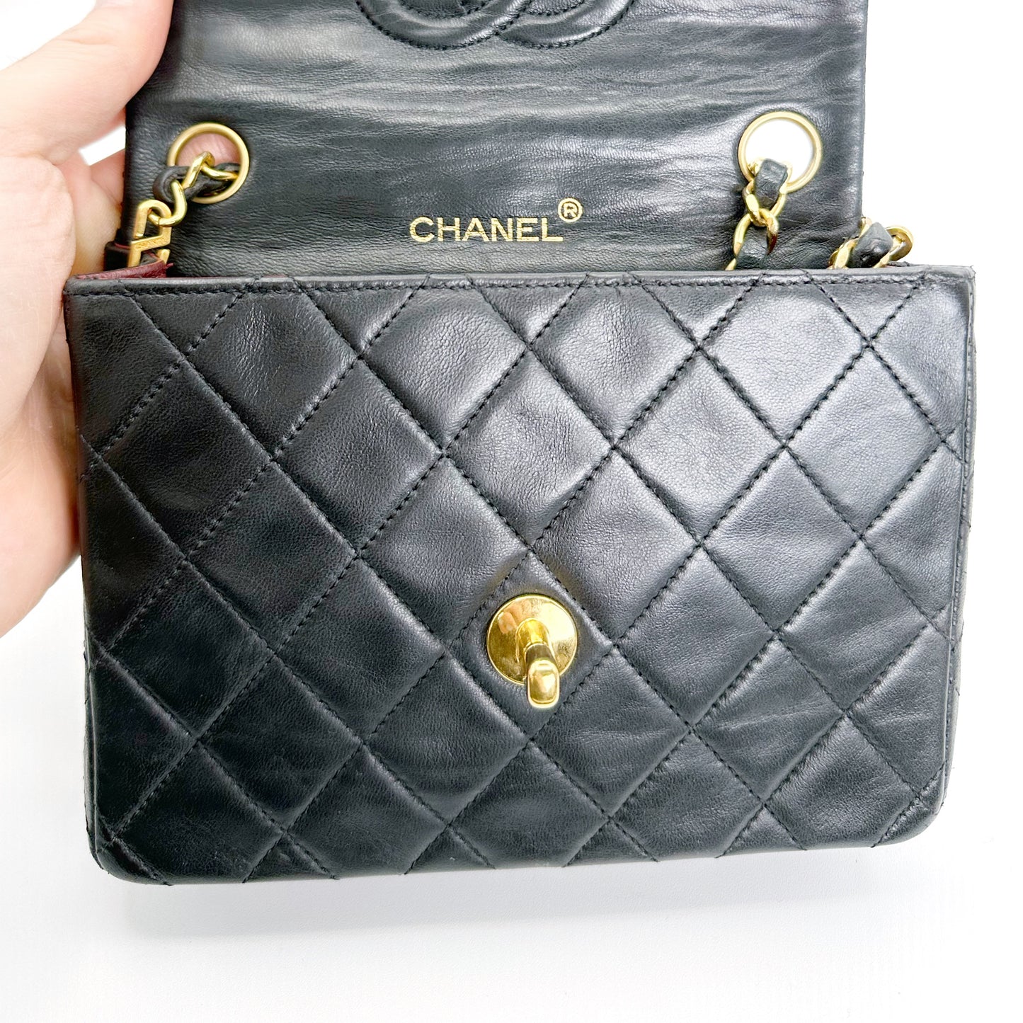 Akane, Vintage Authentic Chanel 0 series 17cm mini square black lambskin with seal