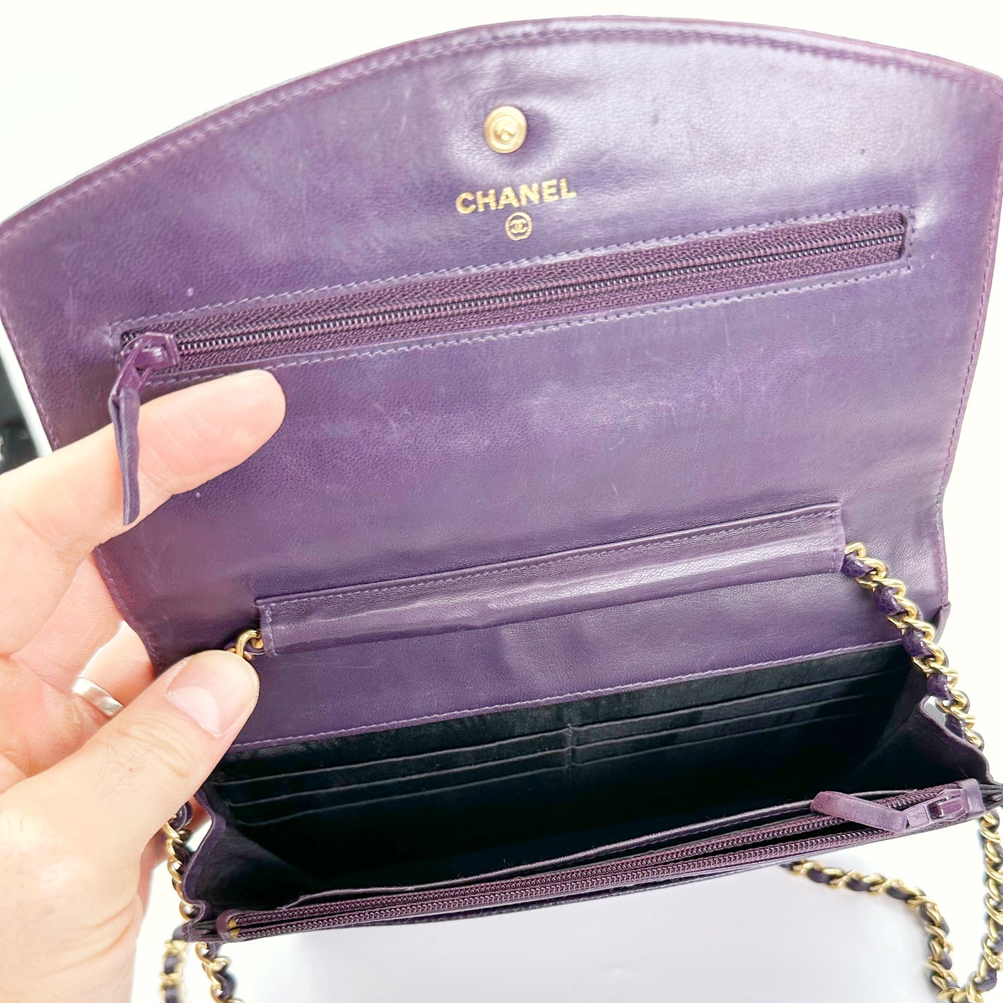 Anton, Vintage Authentic Chanel 6 series chain wallet purple caviar with seal