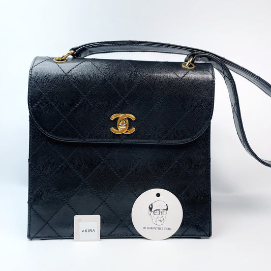 Akira, Vintage Authentic Chanel 5 series black caviar wild stitch hobo bag with seal and card