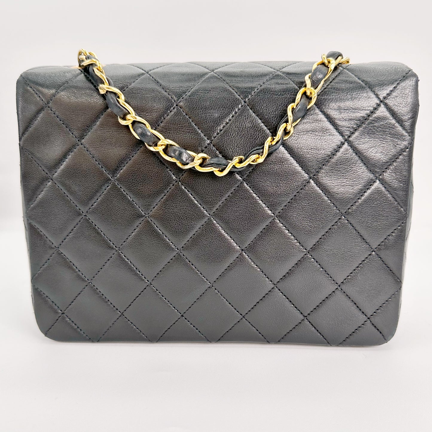 Keira, Vintage Authentic Chanel 1 series 20cm square mini black lambskin with seal and card