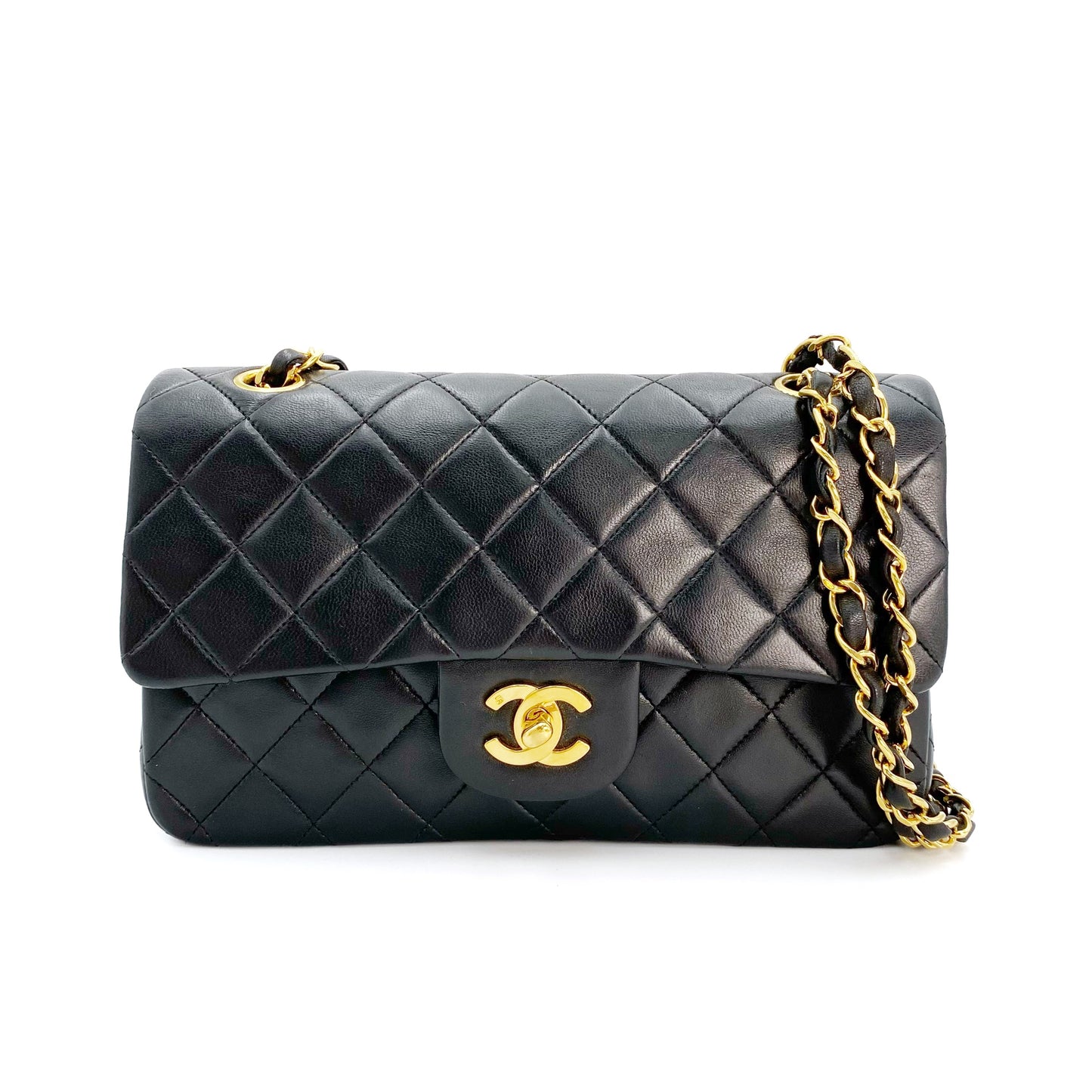 Pharsa, Vintage Authentic Chanel 2 series small classic flap black lambskin with seal and card