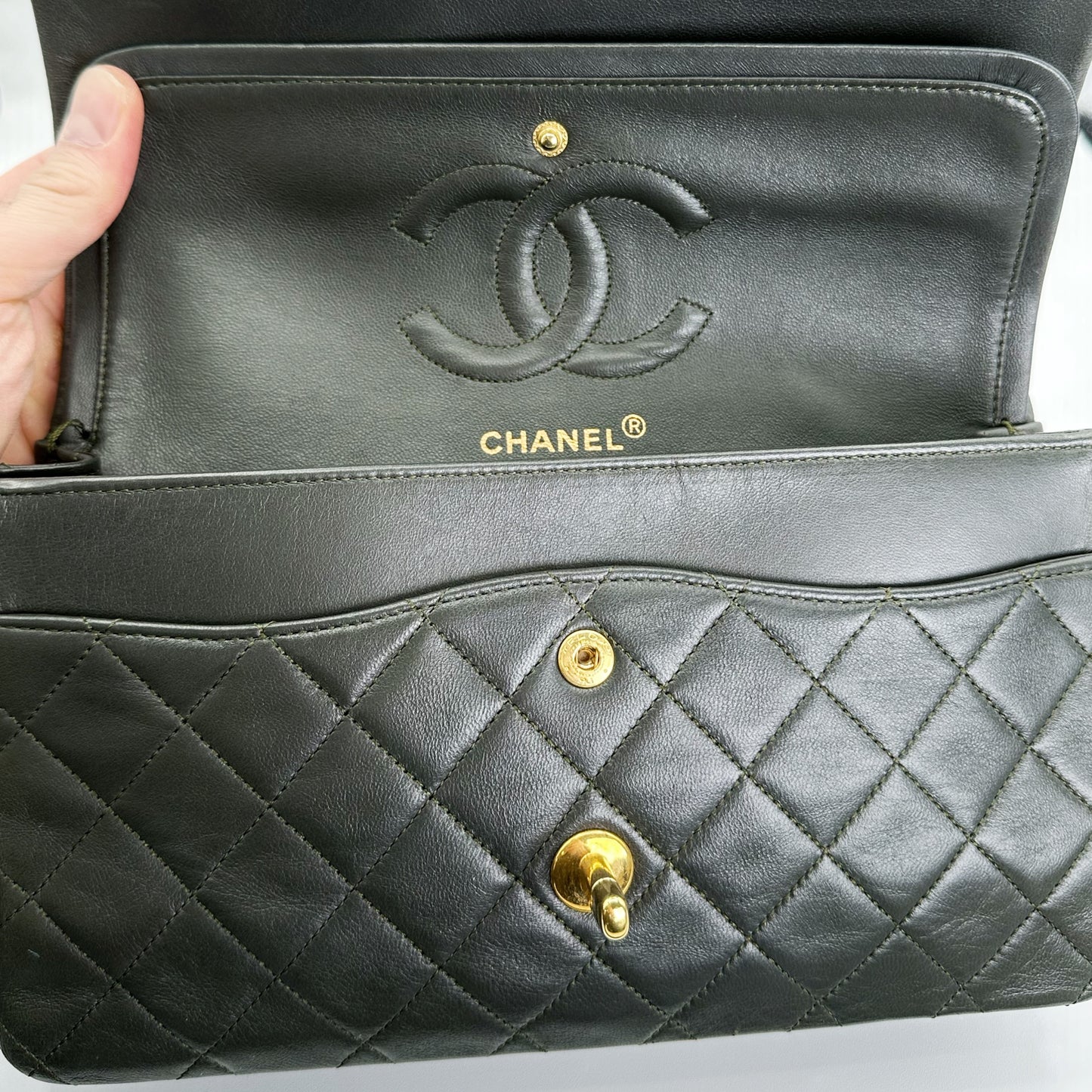 Aya, Vintage Authentic Chanel 1 series medium classic flap khaki lambskin with seal and card