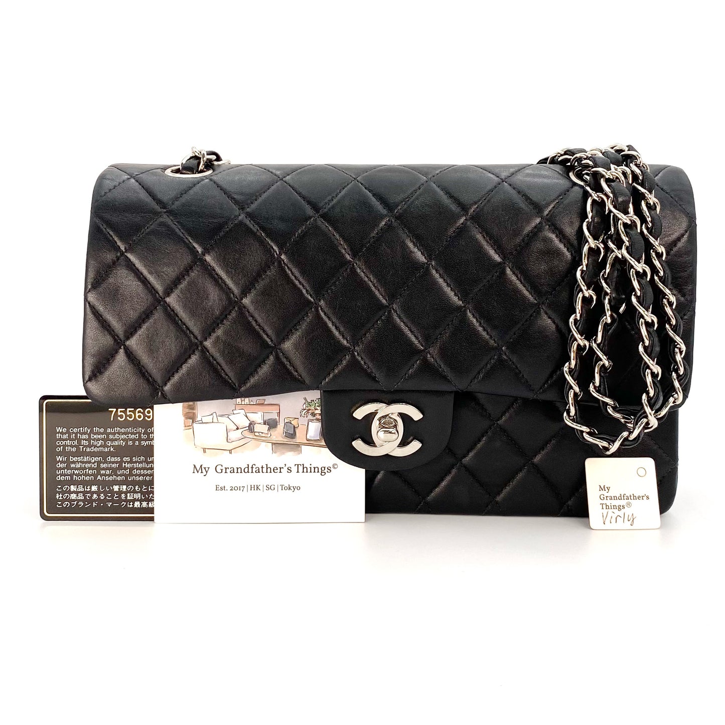 Virly, 7 Series Medium Classic Flap Black Lambskin Silver Hardware with seal and card
