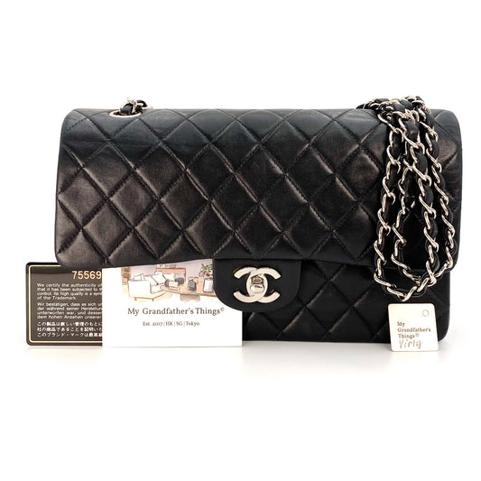 Virly, 7 Series Medium Classic Flap Black Lambskin Silver Hardware with seal and card