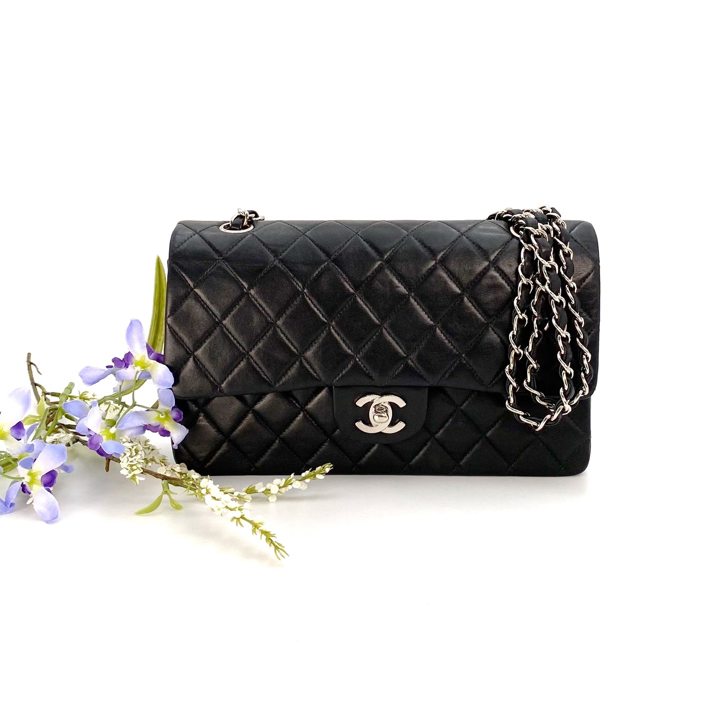 Virly, 7 Series Medium Classic Flap Black Lambskin Silver Hardware with seal and card