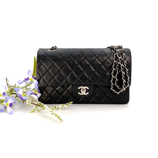 Virly, 7 Series Medium Classic Flap Black Lambskin Silver Hardware with seal and card