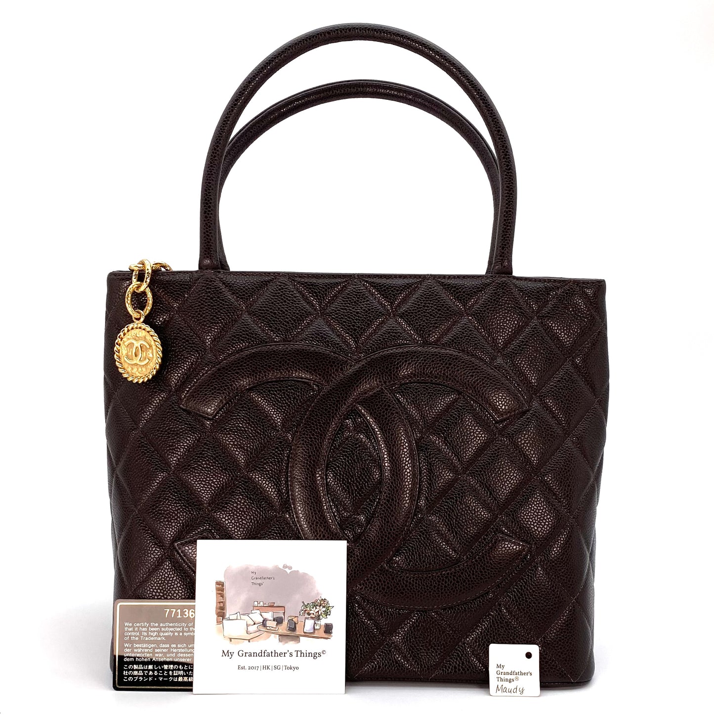 Maudy, 7 Series Medallion Brown Caviar Tote with seal and card