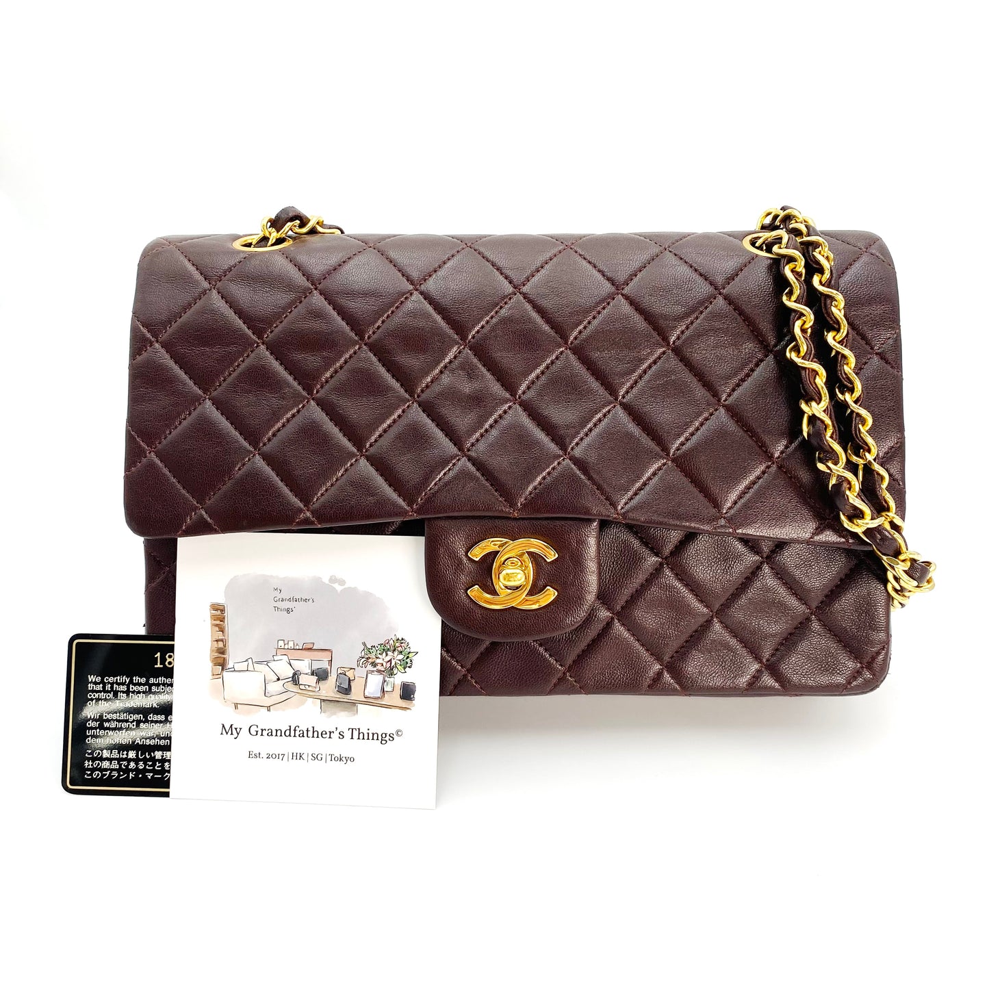 Maneka, Vintage Authentic Chanel 1 series medium classic flap brown lambskin with seal and card