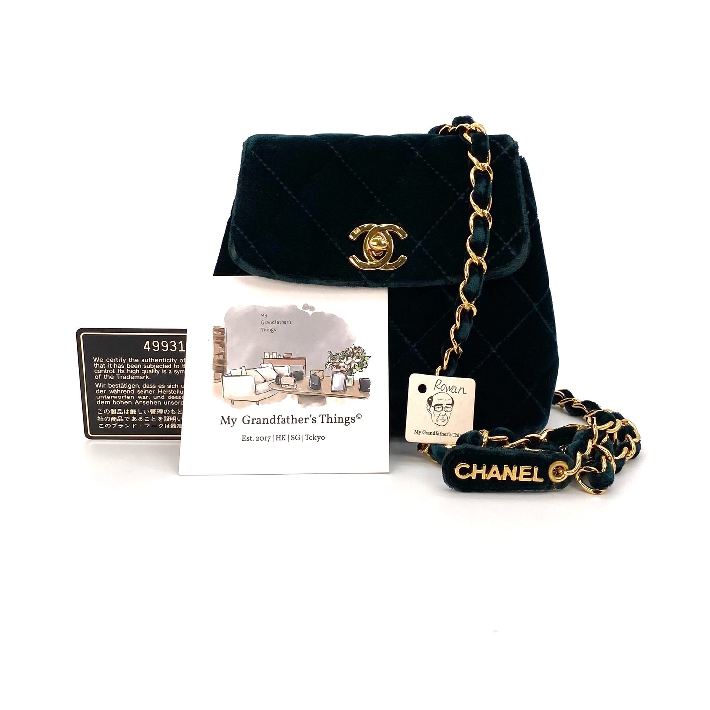 Rowan, 4 Series Mini Velvet Waist Pouch Green Velor with seal and card