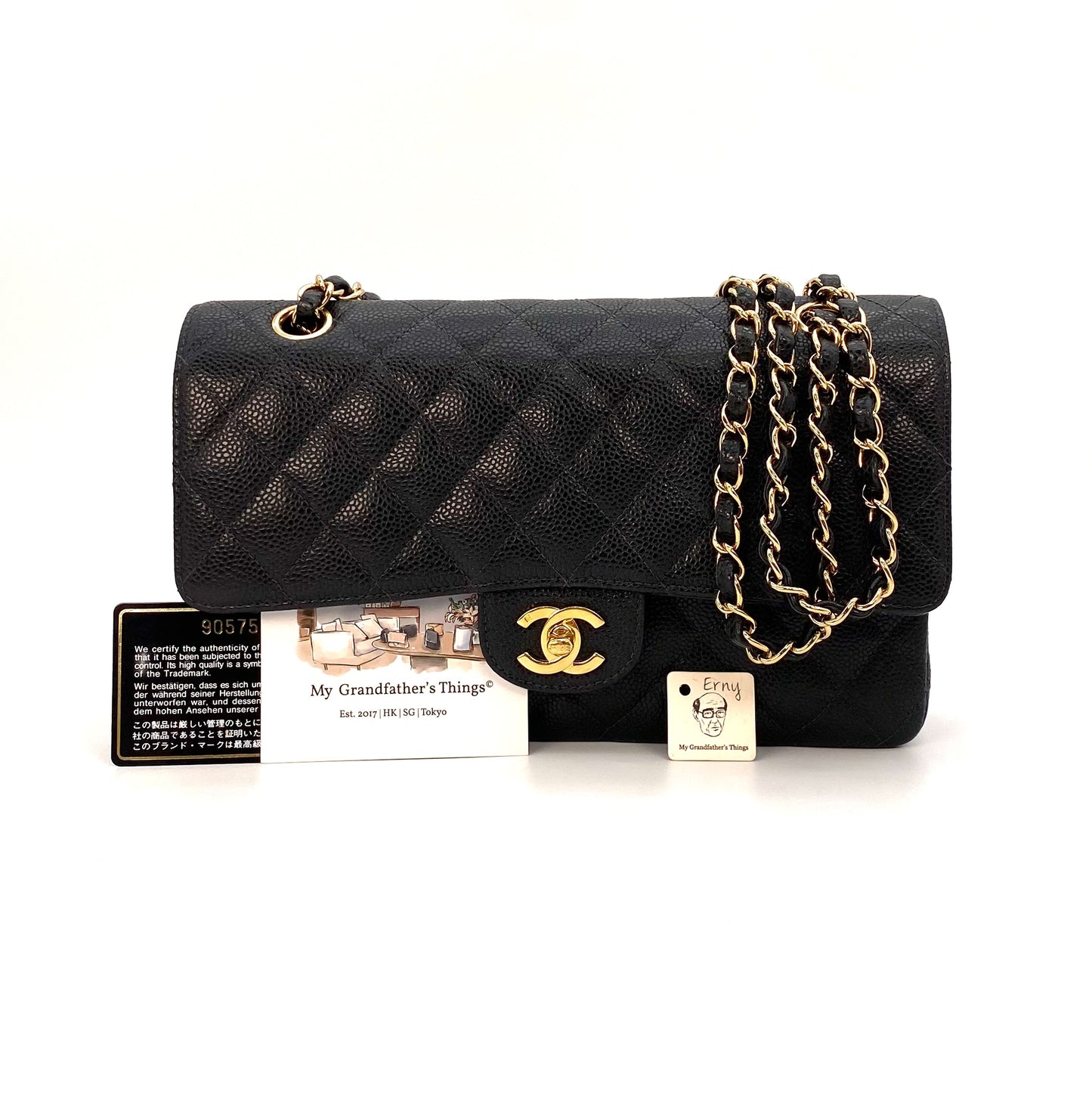 Erny, 9 Series Medium Classic Flap Black Caviar with seal and card