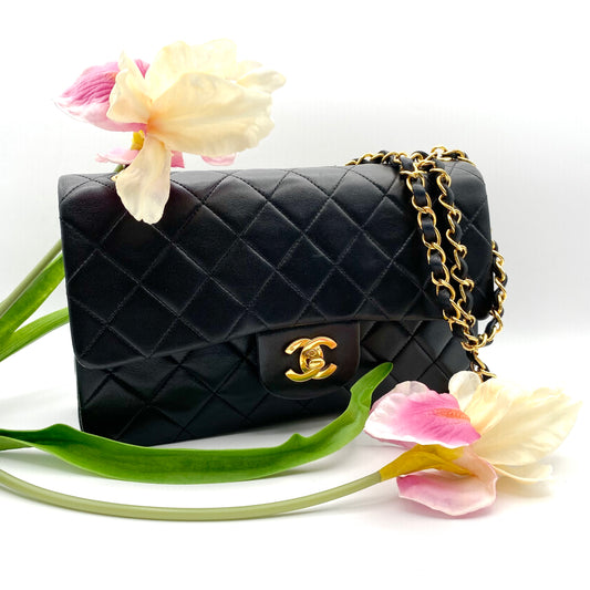Shawn, Vintage Authentic Chanel 2 series small black classic flap with seal and card
