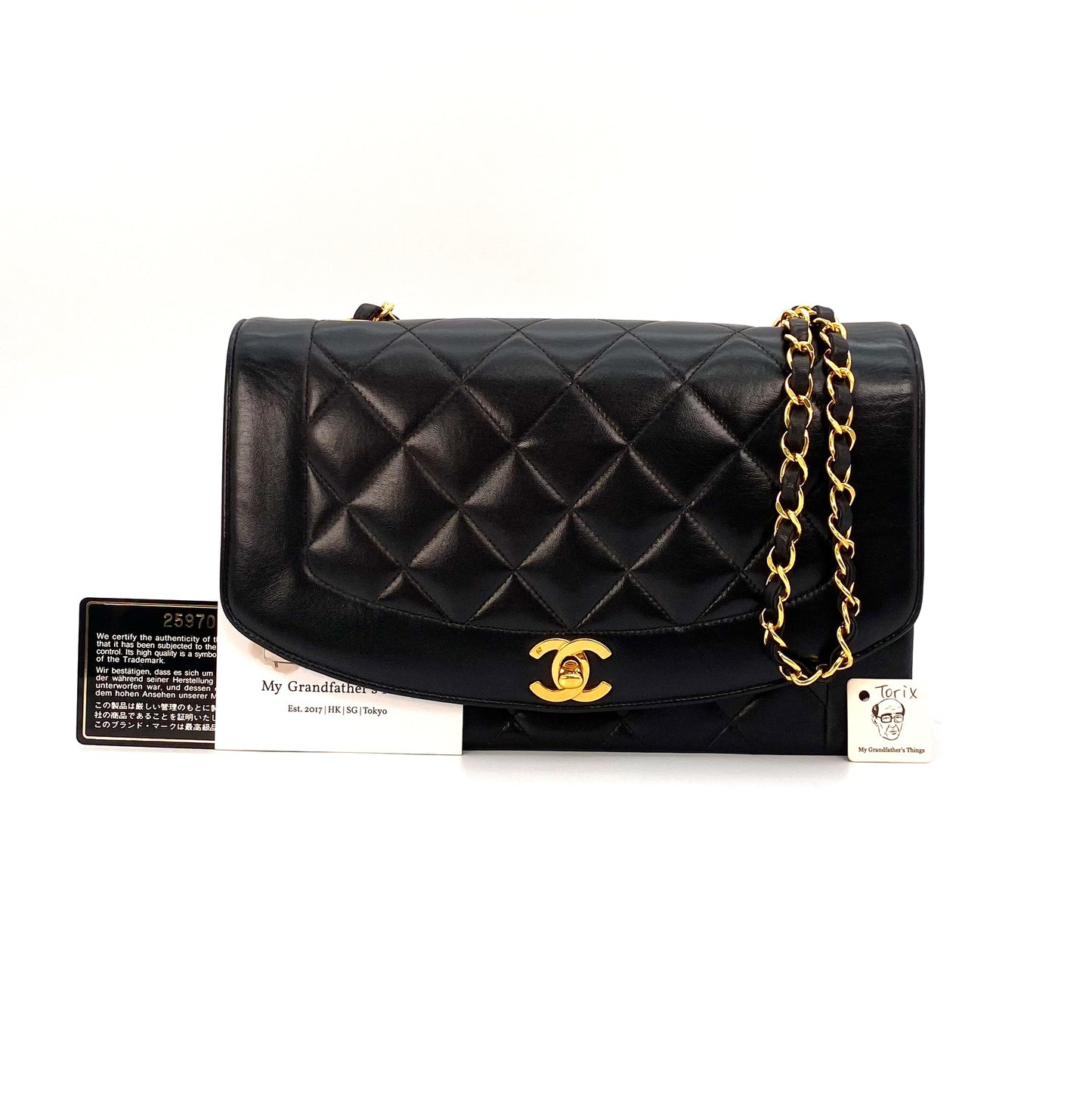 Torix, 2 Series Medium Diana Black Lambskin with seal and card