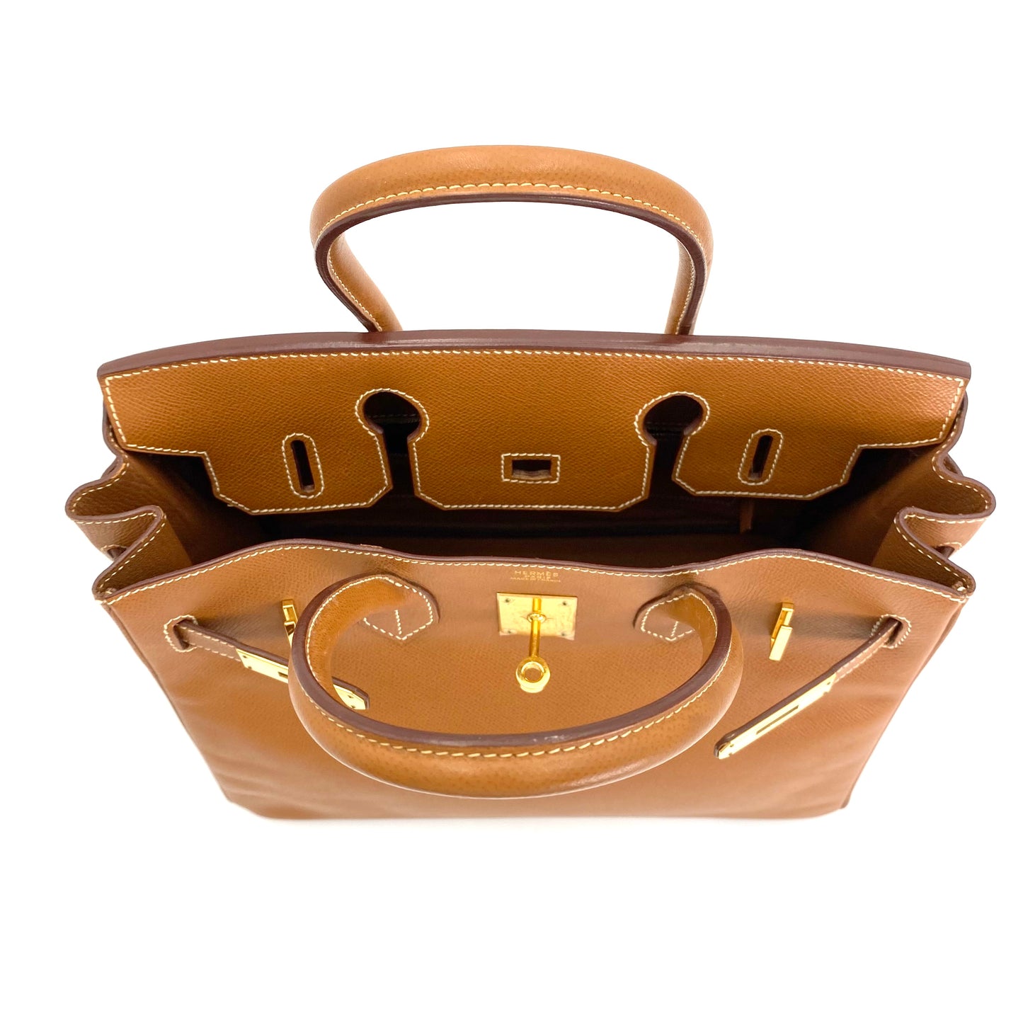 Martha, Vintage Authentic Hermes 🟥G 2003 birkin 30 gold courchevel leather with chain, clochette, and key