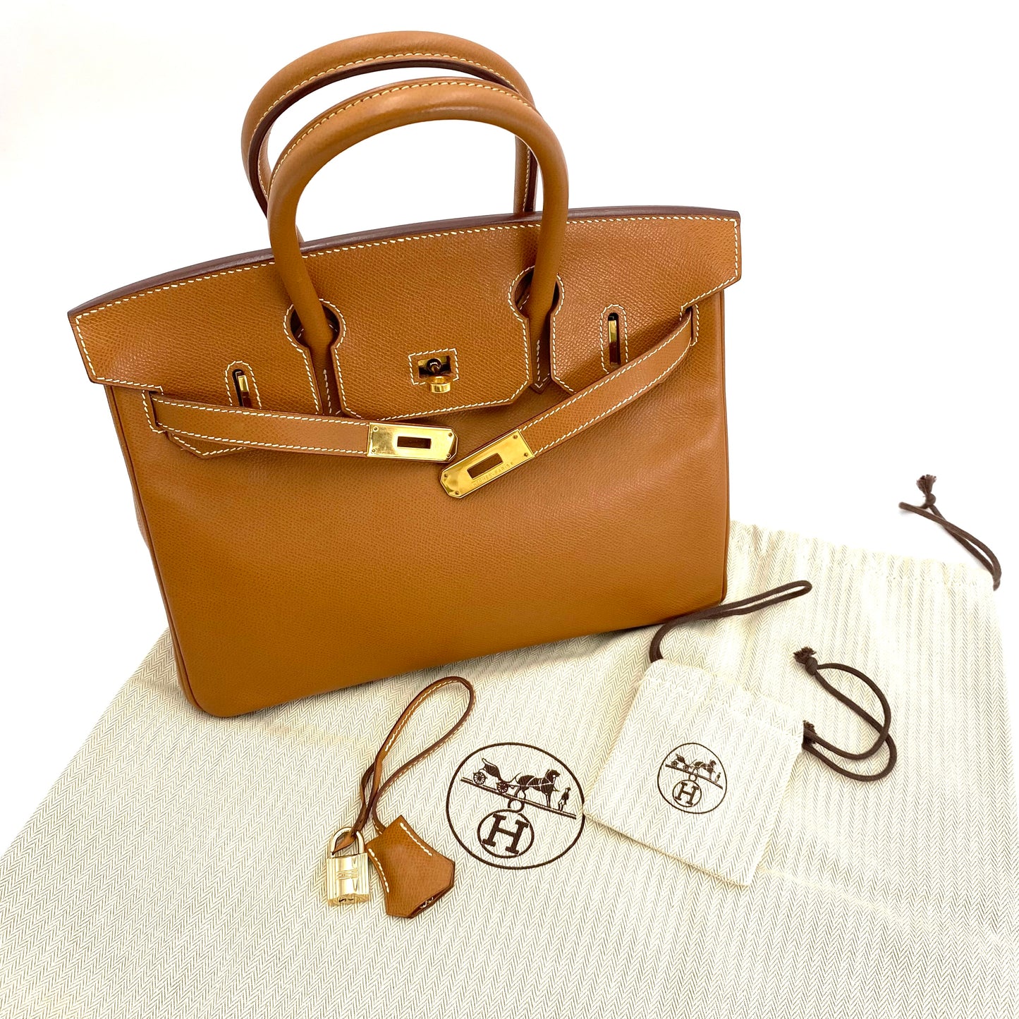 Martha, Vintage Authentic Hermes 🟥G 2003 birkin 30 gold courchevel leather with chain, clochette, and key