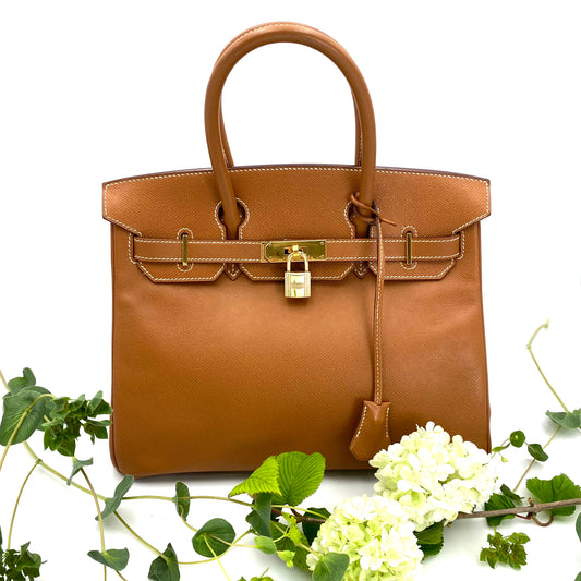 Martha, Vintage Authentic Hermes 🟥G 2003 birkin 30 gold courchevel leather with chain, clochette, and key