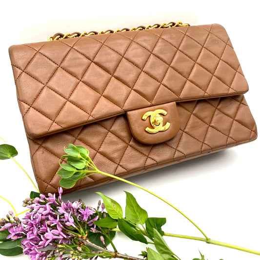 Sofia, Vintage Authentic Chanel 1 series medium classic flap brown lambskin with seal and card