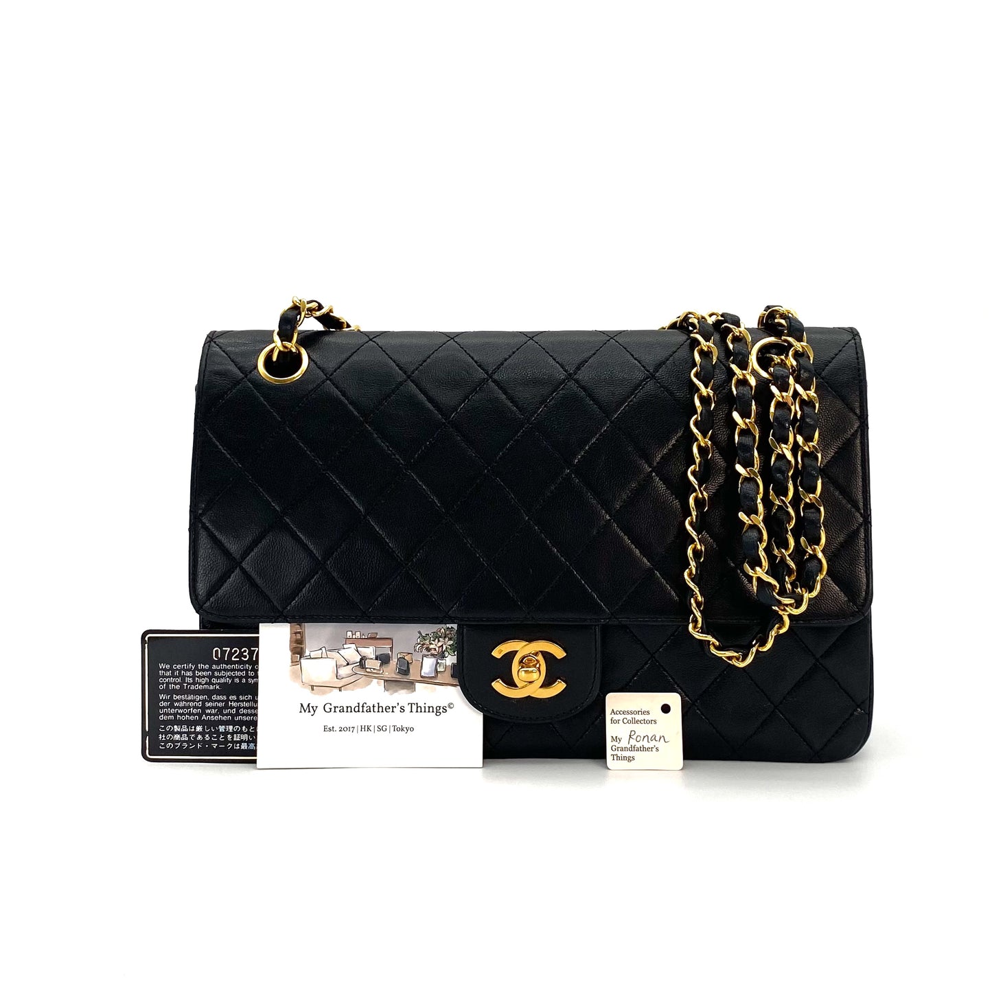 Ronan, 0 Series Straight Flap Black Lambskin Gold Hardware with seal and card