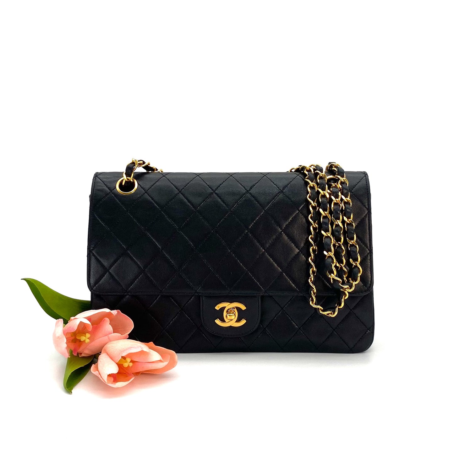 Ronan, 0 Series Straight Flap Black Lambskin Gold Hardware with seal and card