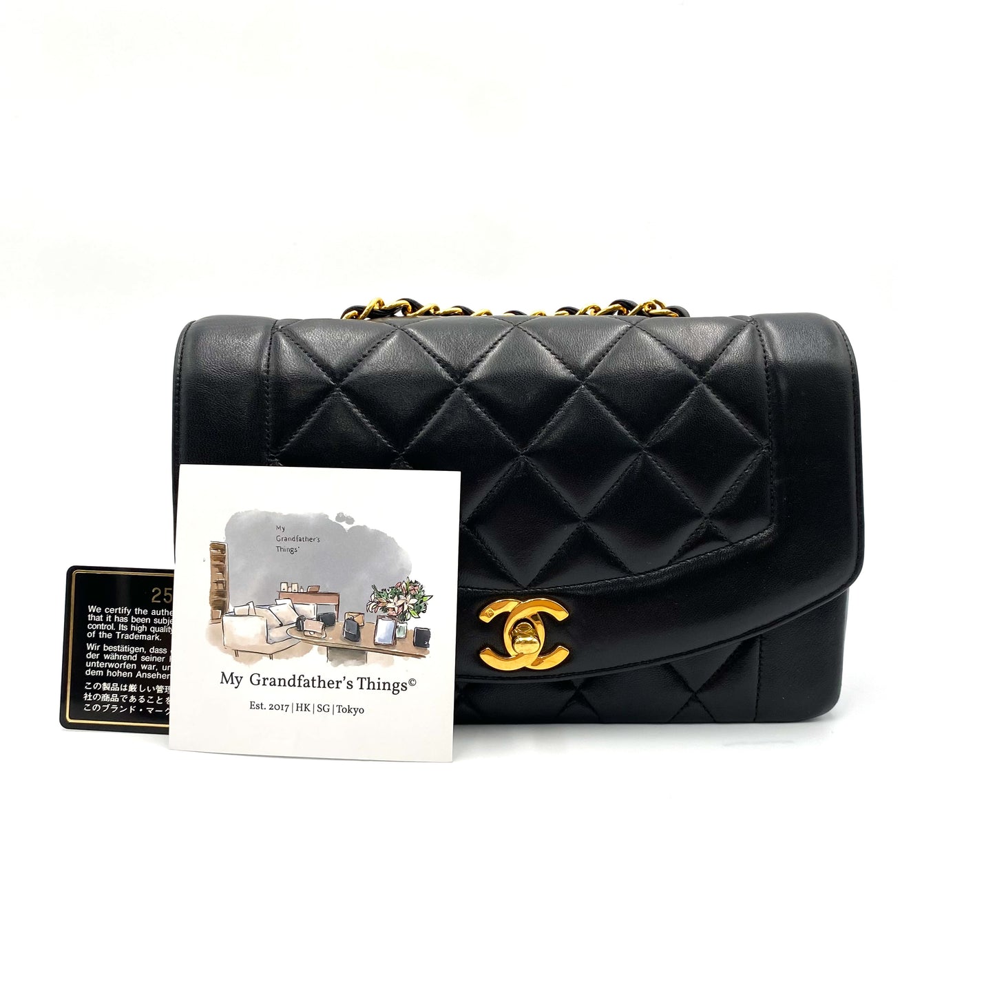 Enrique, 2 Series Small Black Lambskin Diana with seal and card