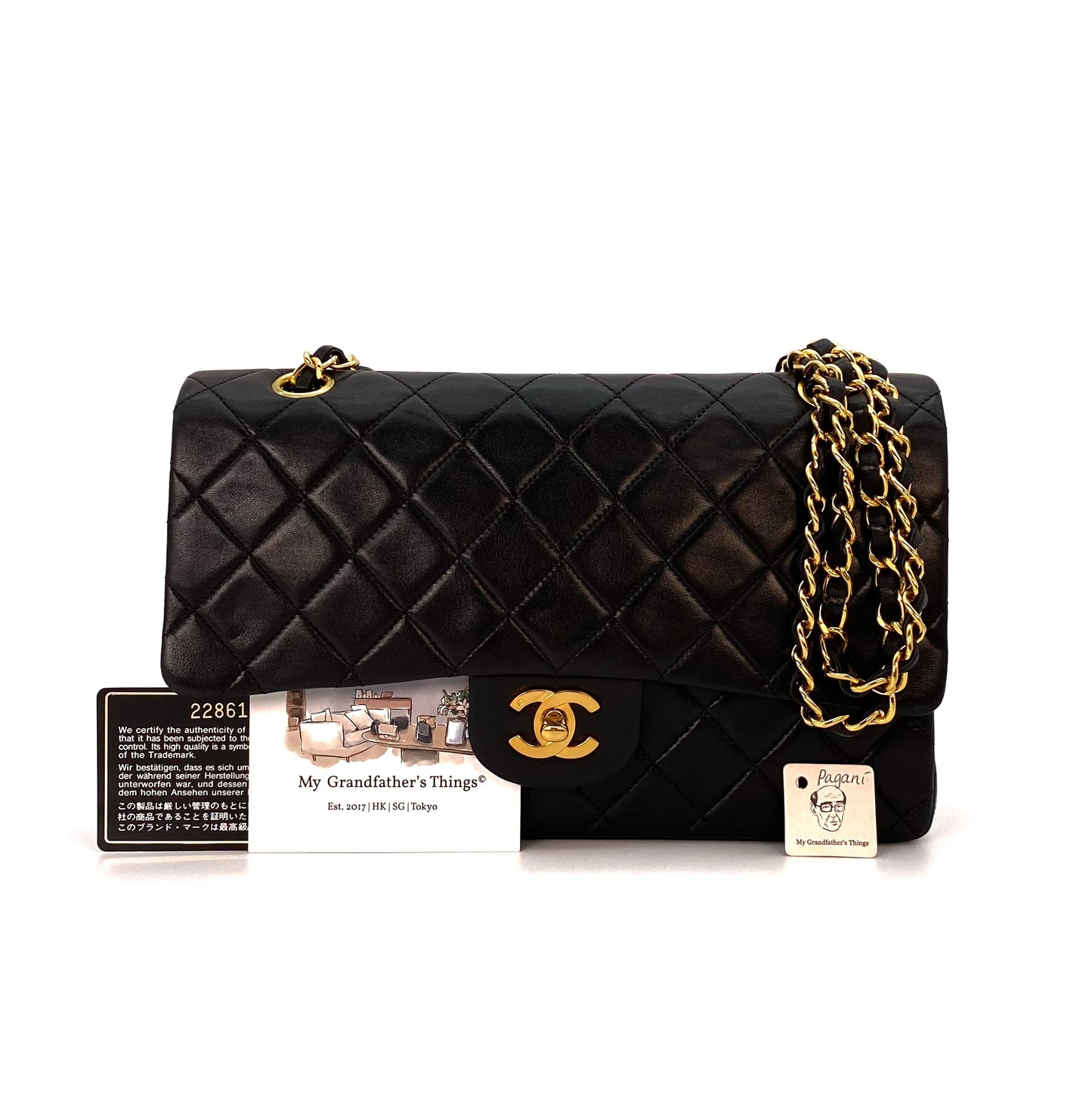 Pagani, 2 Series Medium Classic Flap Black Lambskin with seal and card