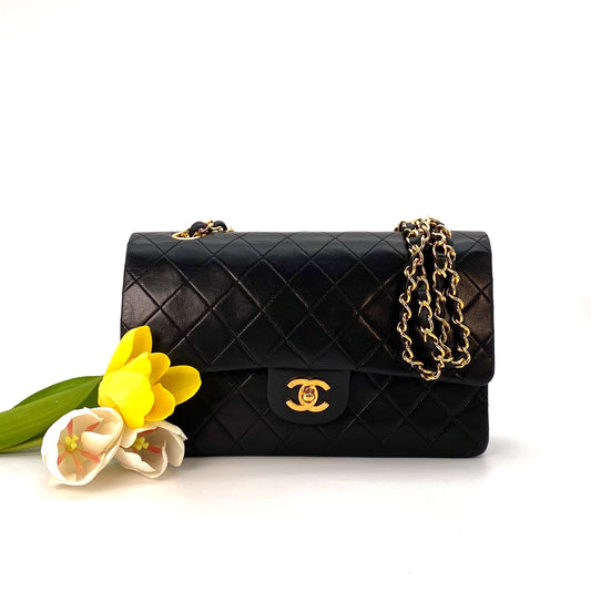 Miata, 1 Series Medium Classic Flap Black Lambskin with seal and card