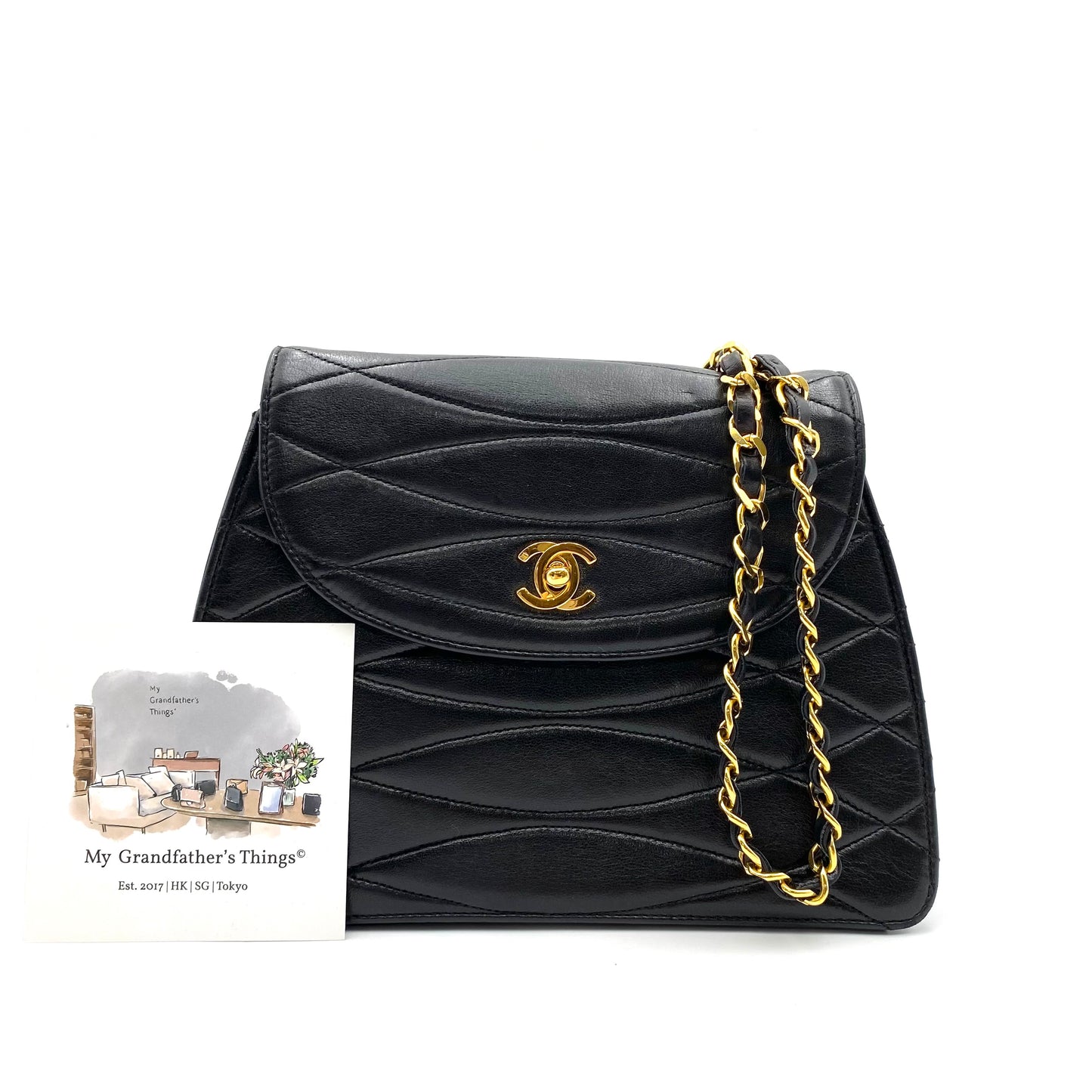 [SPRING SALE] Cortez, 1 series horizontal wave stitch trapezoid black lambskin with seal