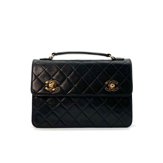 Lanny, 2 Series Double Turn Lock Black Lambskin Gold Hardware with seal only