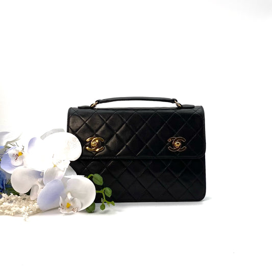 Lanny, 2 Series Double Turn Lock Black Lambskin Gold Hardware with seal only