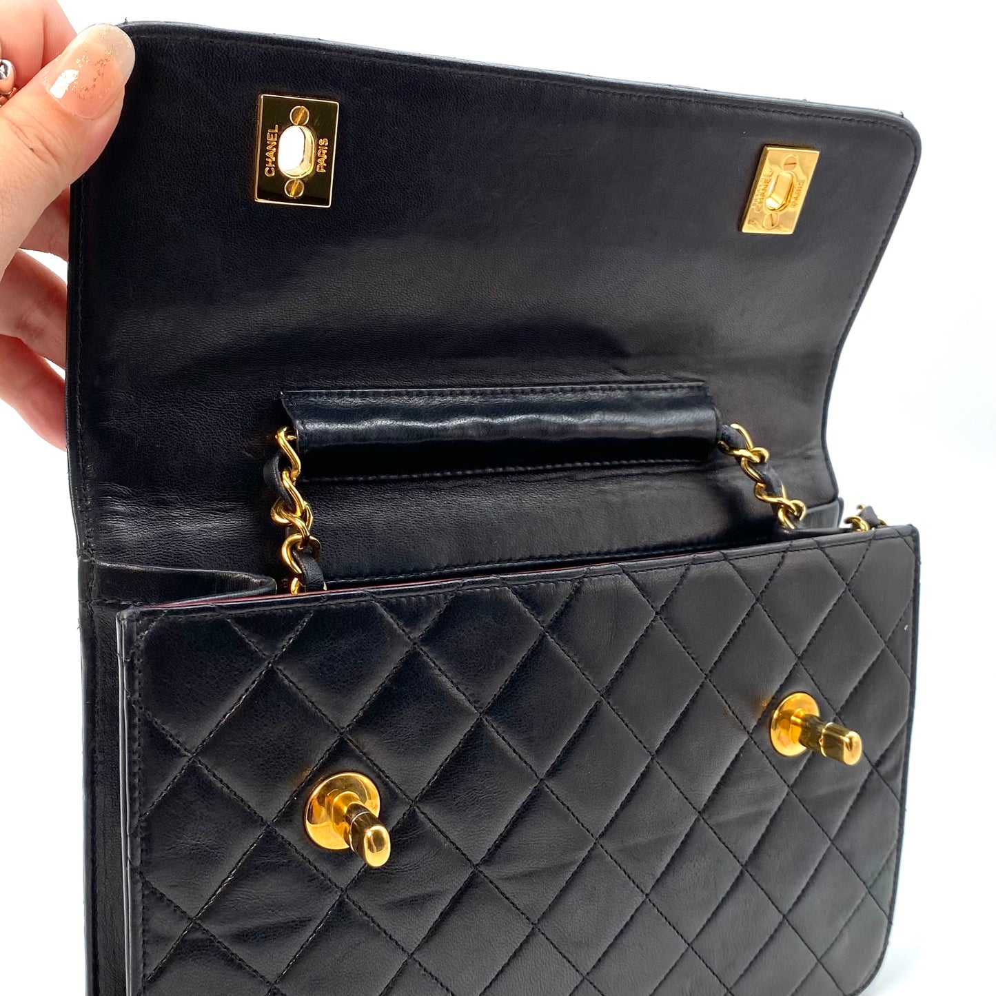 Lanny, 2 Series Double Turn Lock Black Lambskin Gold Hardware with seal only