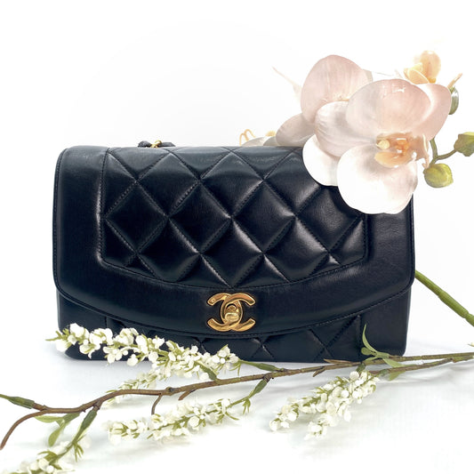 Enrique, 2 Series Small Black Lambskin Diana with seal and card