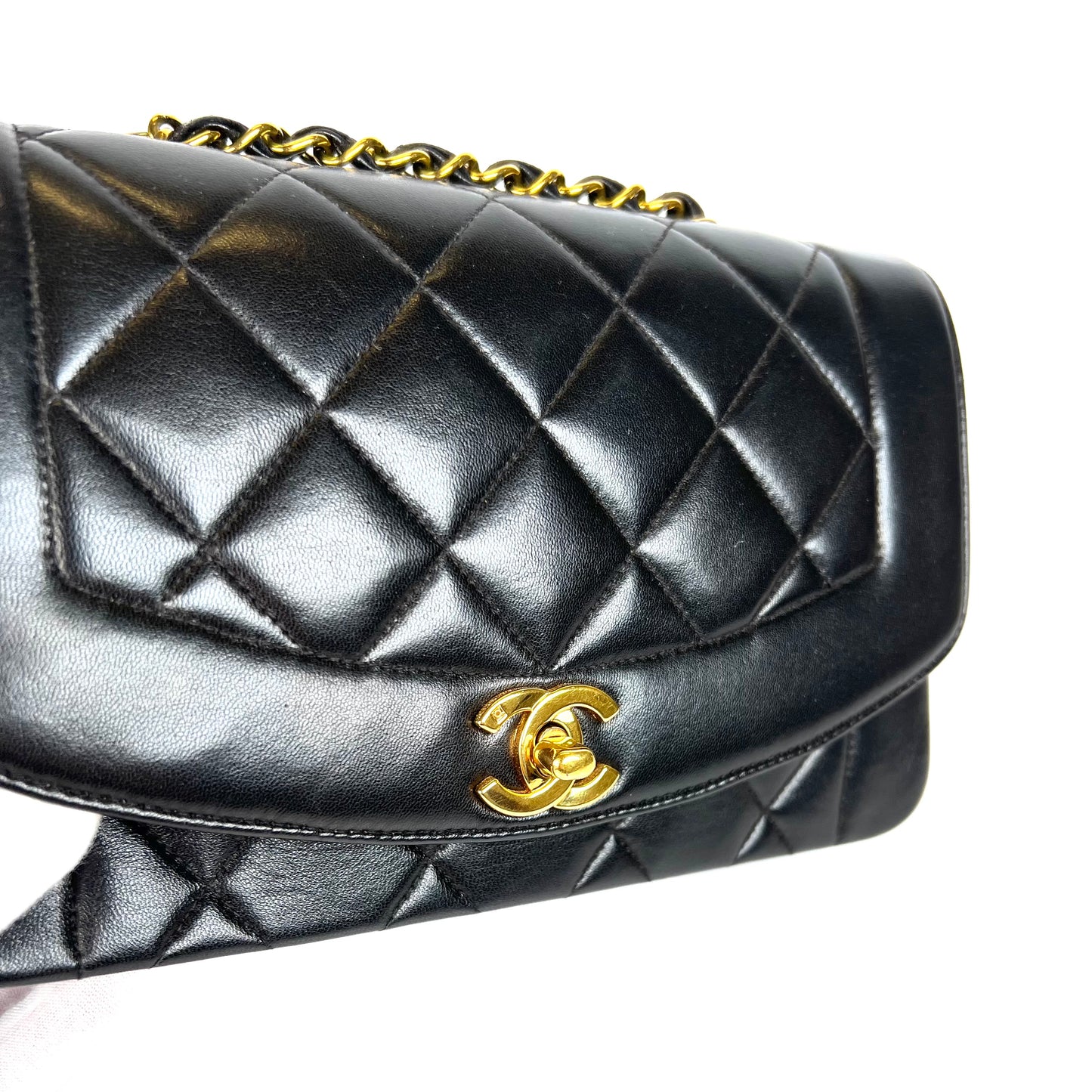 Miranda Sr, Vintage Authentic Chanel 2 series small black lambskin diana with seal only