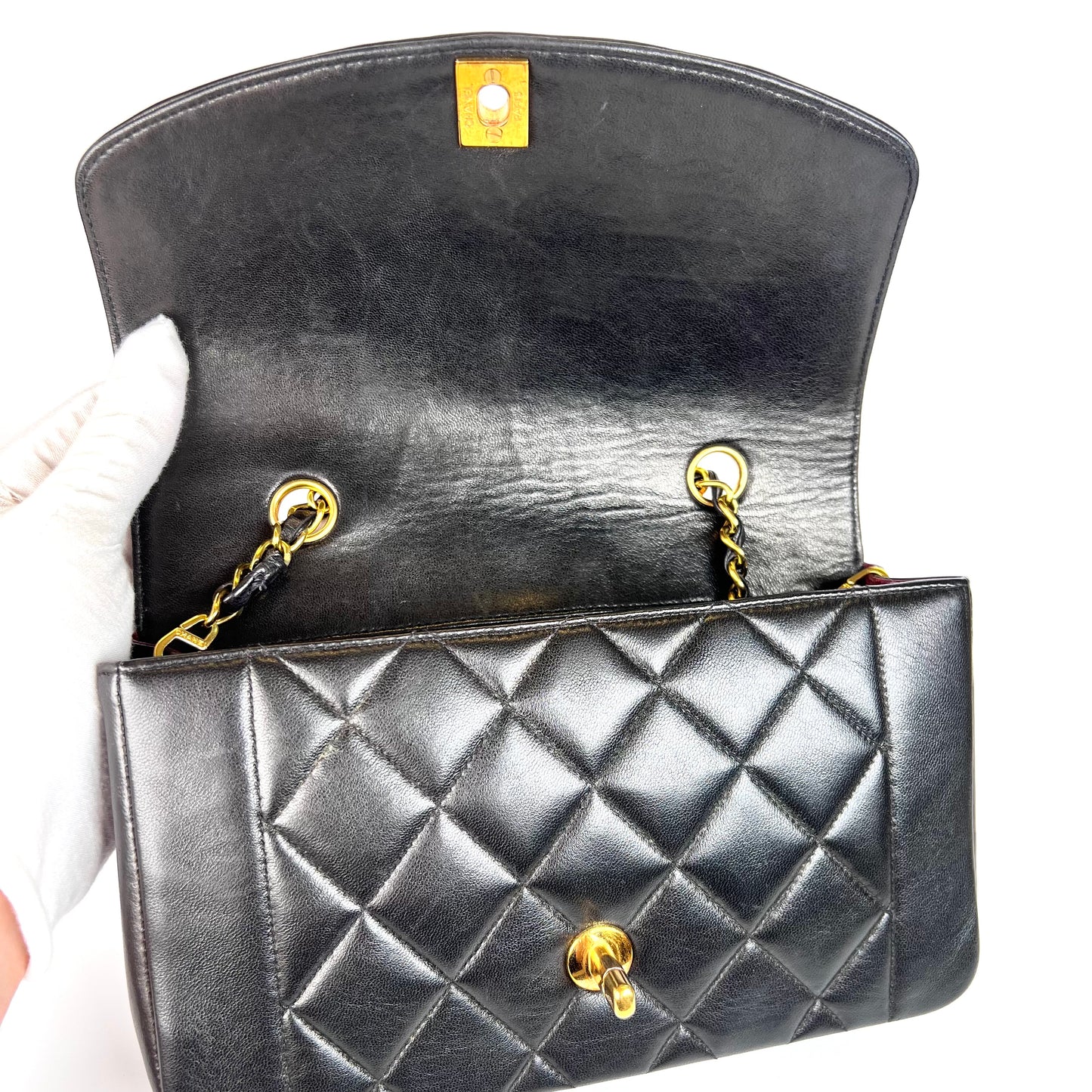 Miranda Sr, Vintage Authentic Chanel 2 series small black lambskin diana with seal only