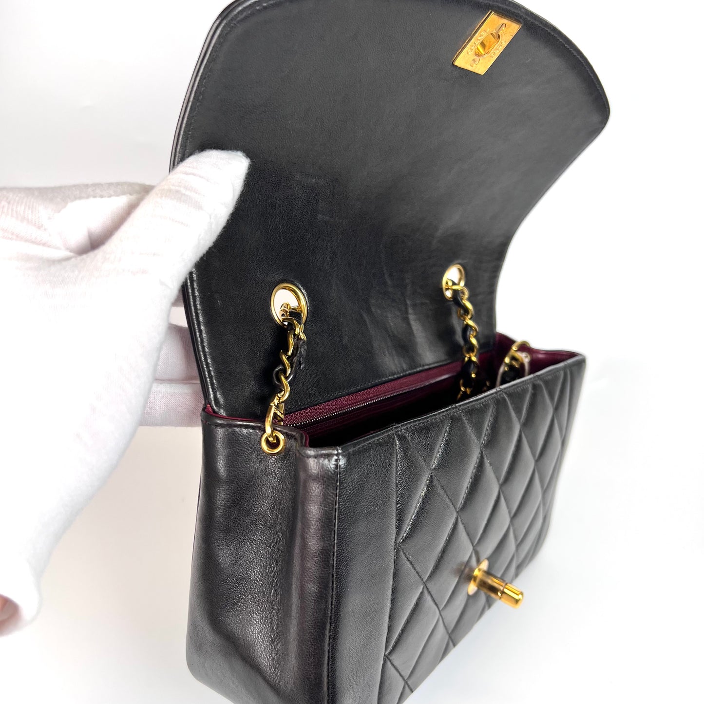 Miranda Sr, Vintage Authentic Chanel 2 series small black lambskin diana with seal only