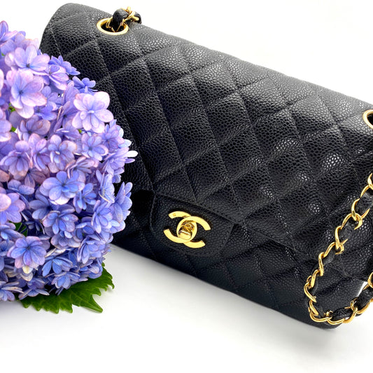 Steffan, Vintage Authentic Chanel 9 series medium classic flap black caviar with seal and card