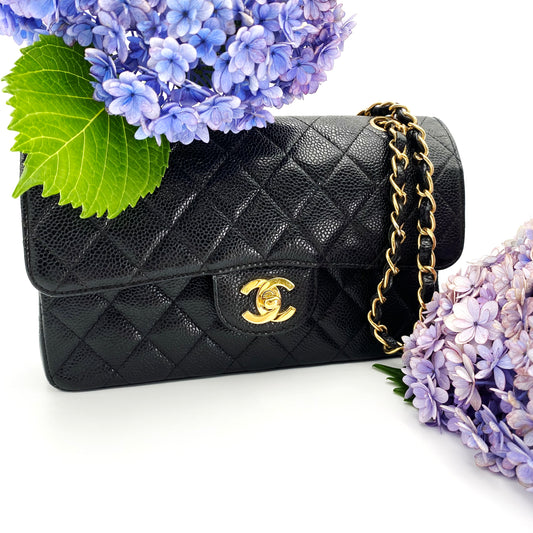 Bert, Vintage Authentic Chanel 6 series small classic flap black caviar with seal and card