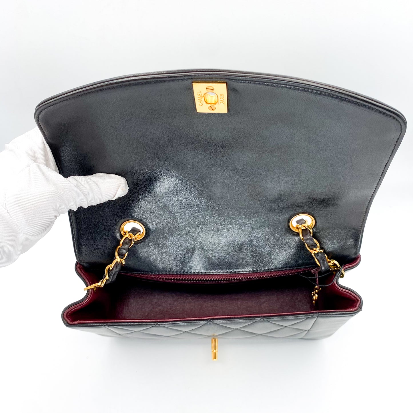Henrik, Vintage Authentic Chanel 3 series small black lambskin diana with seal only