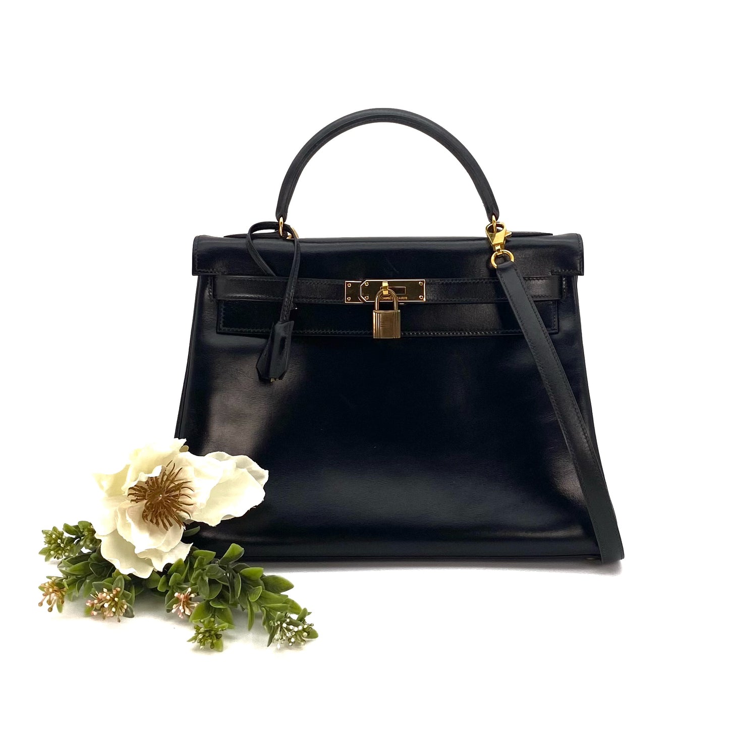 Alza, 1984 Kelly 32 Box Calf Black 2way with stamp 〇N