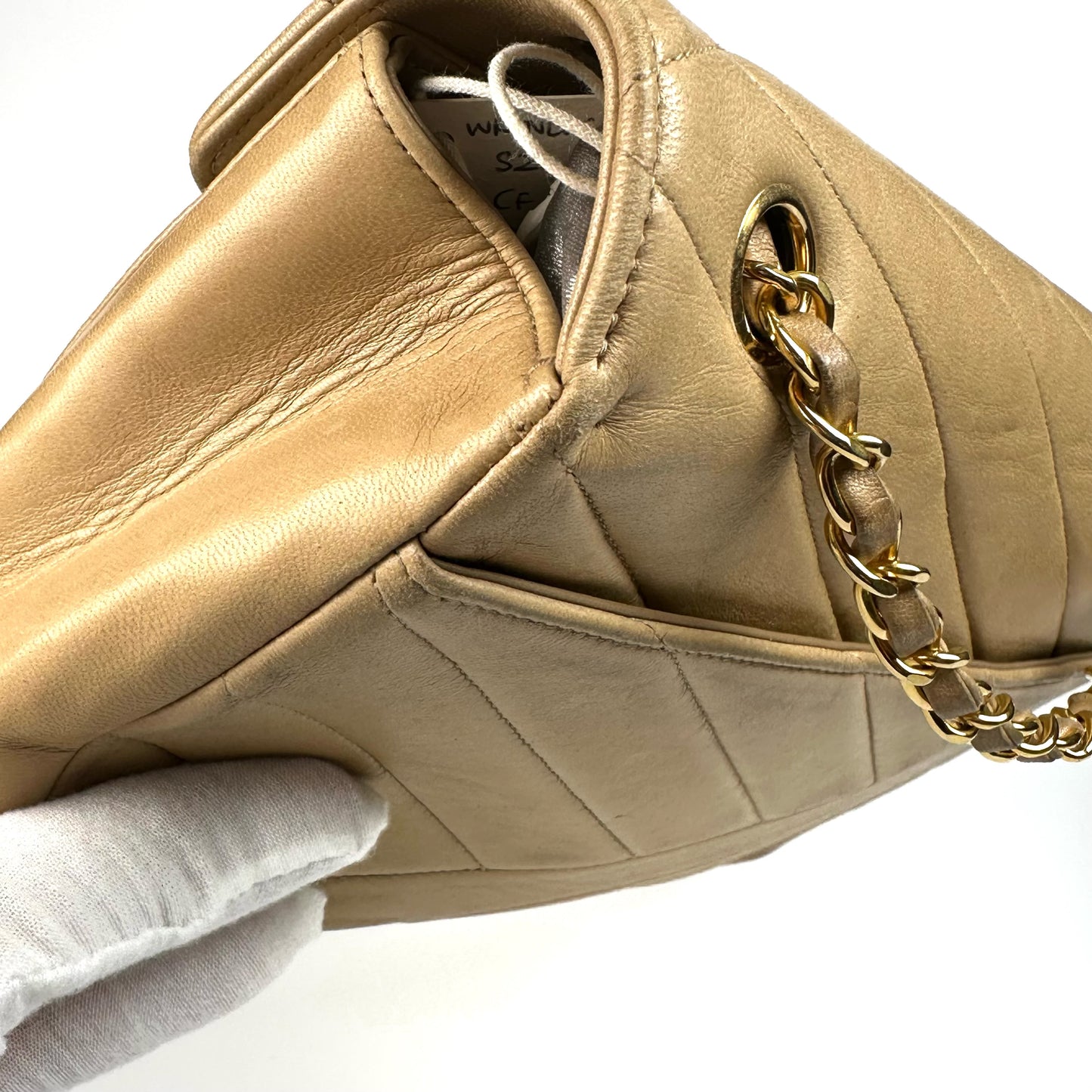 Wrenleigh, 2 series medium classic flap beige lambskin zigzag flap with seal