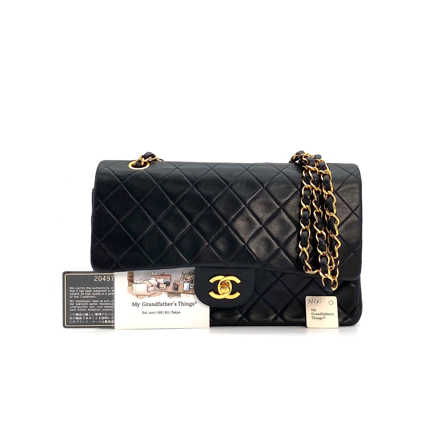 Nixi, 2 Series Classic Flap 25 Black Lambskin with seal and card
