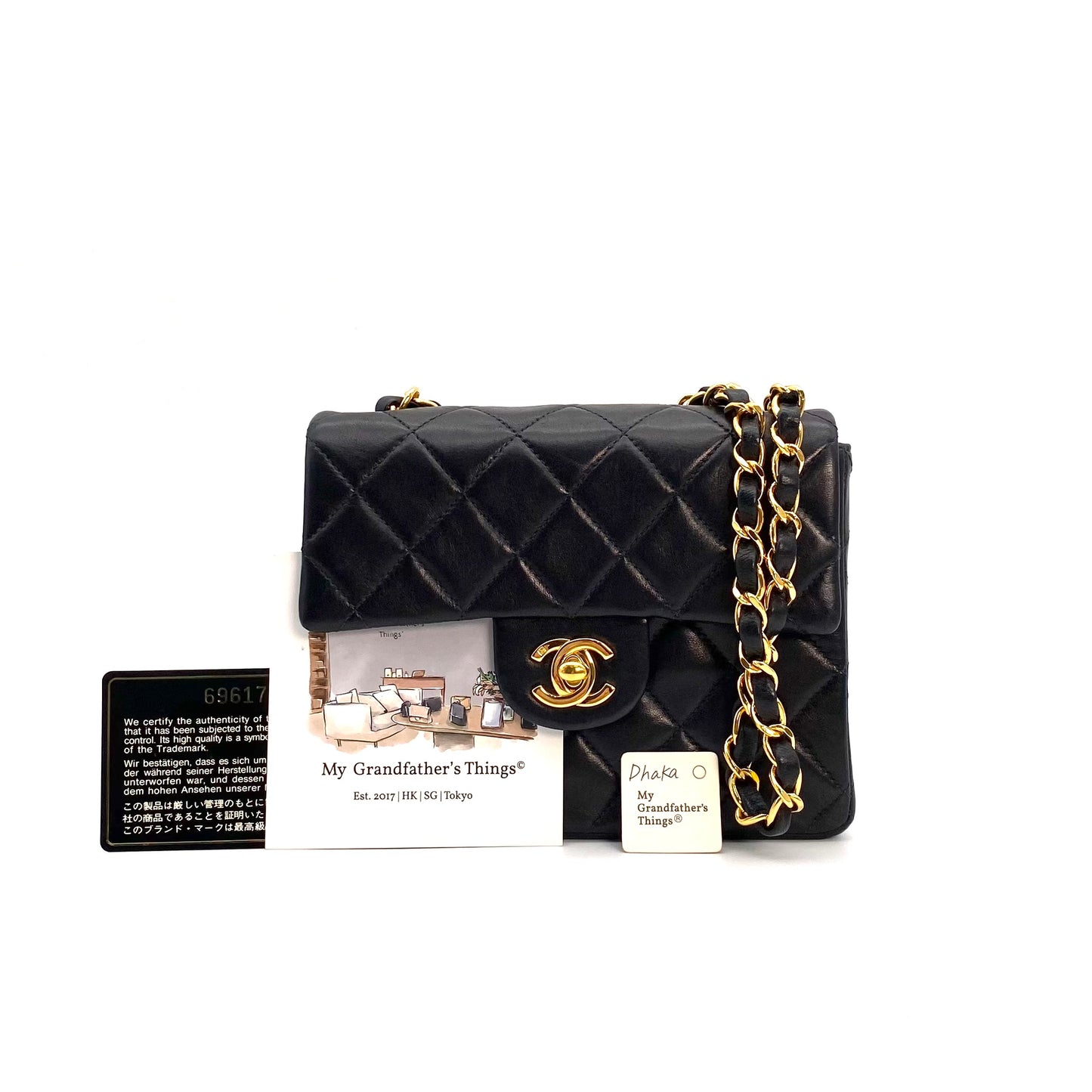 Dhaka, 6 Series Mini Sq17 Black Lambskin with seal and card