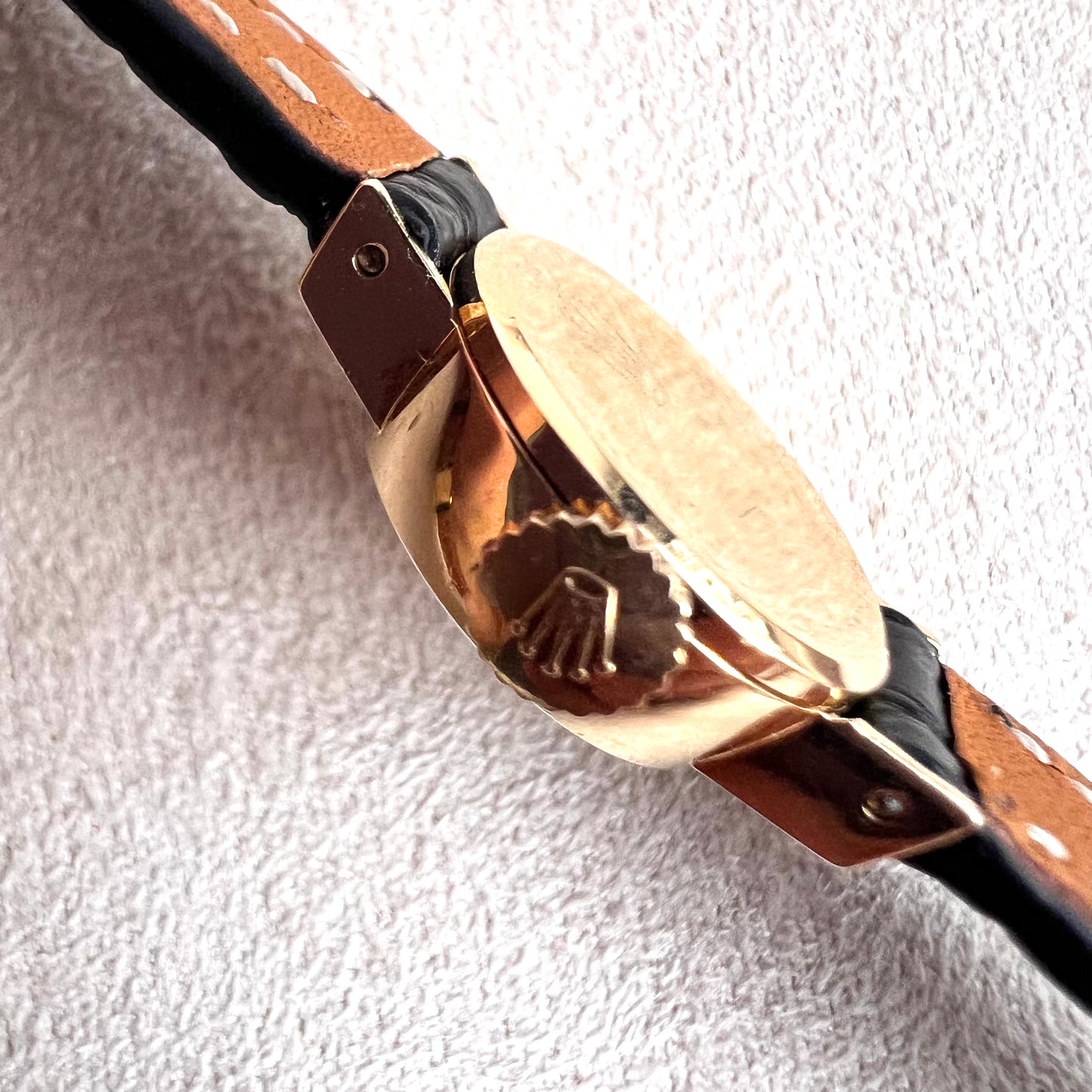 Rolex Orchid 18k, etched lugs w/ black strap