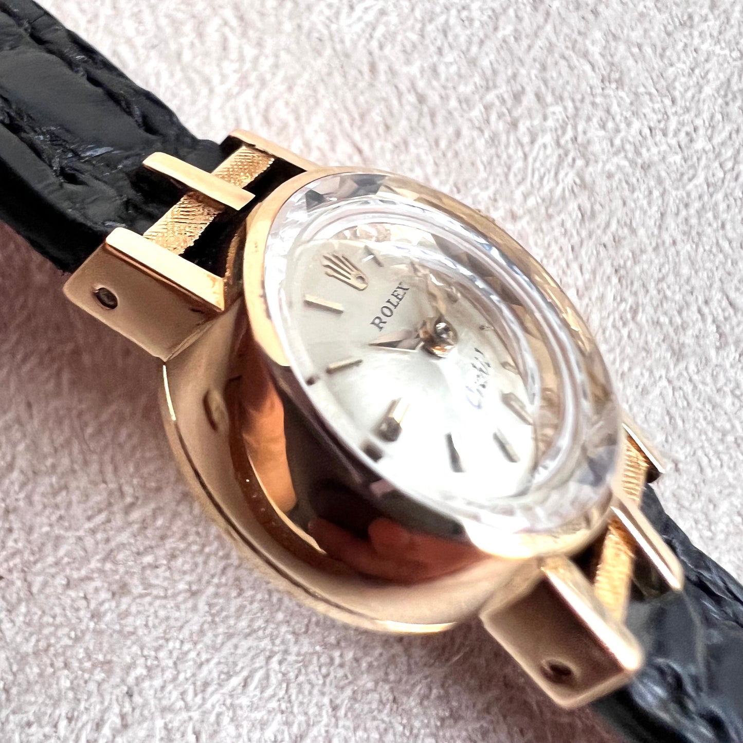 Rolex Orchid 18k, etched lugs w/ black strap