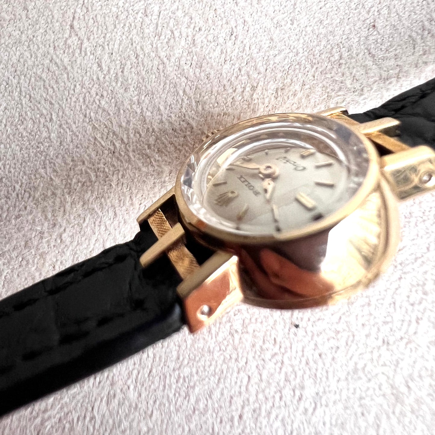 Rolex Orchid 18k, etched lugs w/ black strap