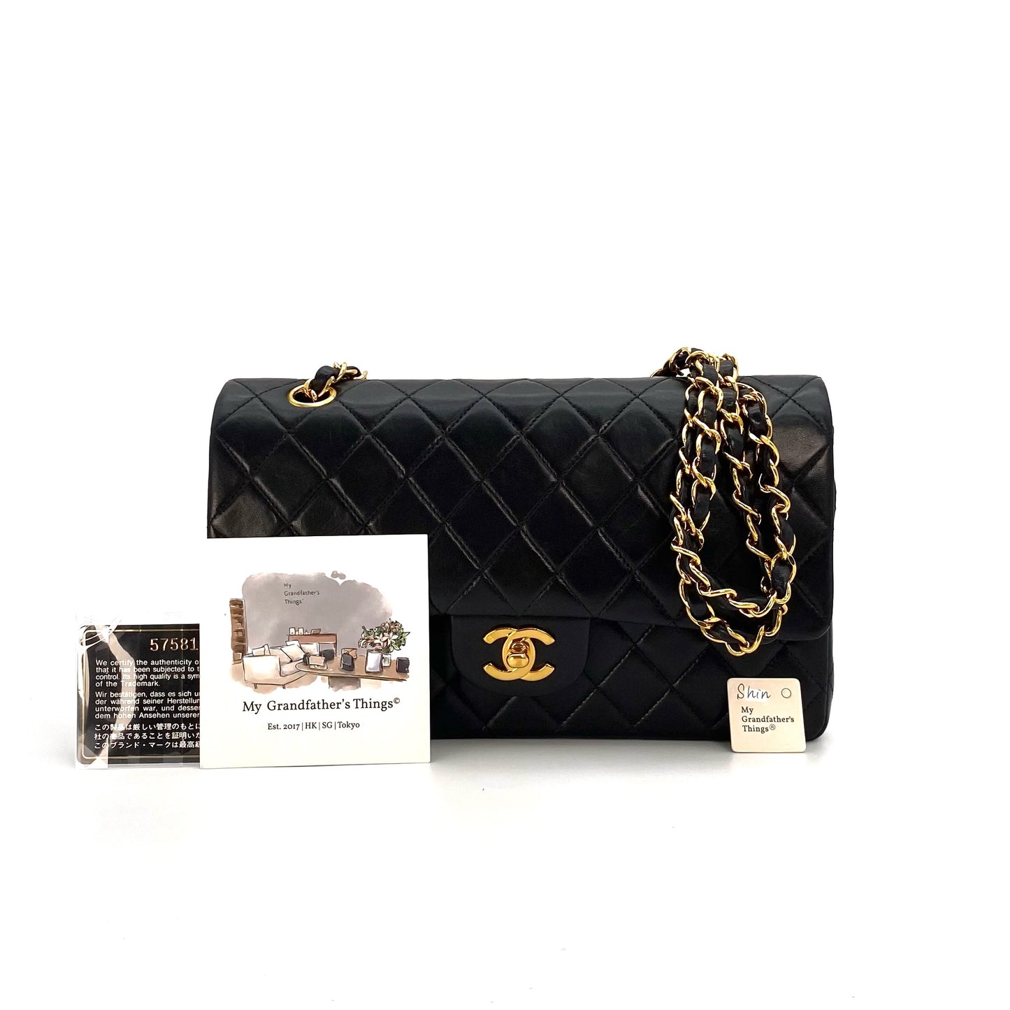 Shin, 5 Series Medium Classic Flap Black Lambskin with seal and card